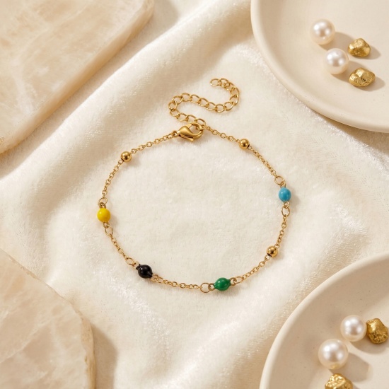 Picture of Wholesale Double-sided Enamel 304 Stainless Steel Link Cable Chain Station Necklace, 18K Real Gold Plated Eco-friendly PVD Waterproof Anti-Tarnish Hypoallergenic, Women's Exquisite Stylish Gift Jewelry Supply, 17cm(6.7") + 5cm(2") long