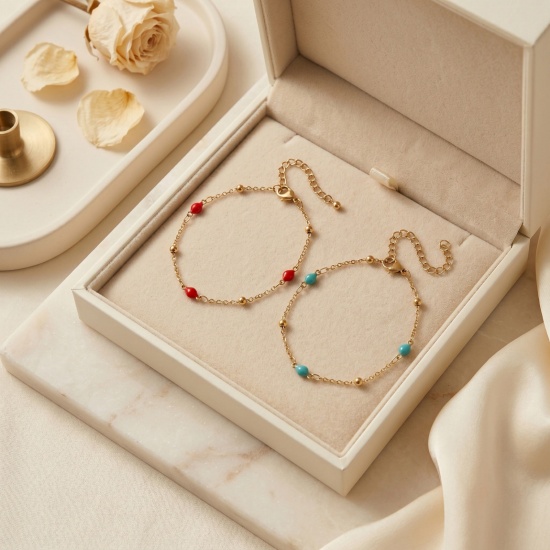 Picture of Wholesale Double-sided Enamel 304 Stainless Steel Link Cable Chain Station Necklace, 18K Real Gold Plated Eco-friendly PVD Waterproof Anti-Tarnish Hypoallergenic, Women's Exquisite Stylish Gift Jewelry Supply, 17cm(6.7") + 5cm(2") long