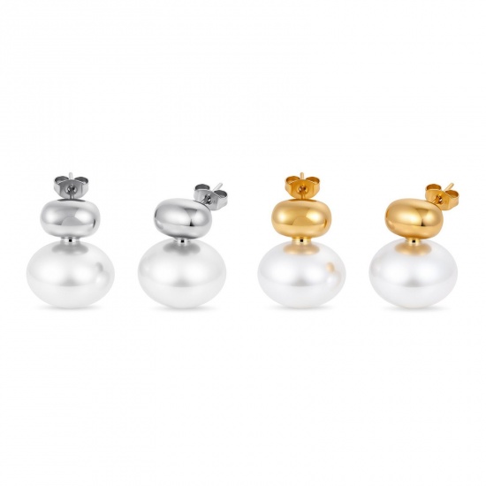 Immagine di Squisito Elegante Orecchini a Perno All'Ingrosso, Bianco Perla Imitato Acrilico Multicolore 304 Acciaio Inossidabile, Donne Ecologico Regalo Fornitura di Gioielli, 19.5mm x 16mm, 1 Paio