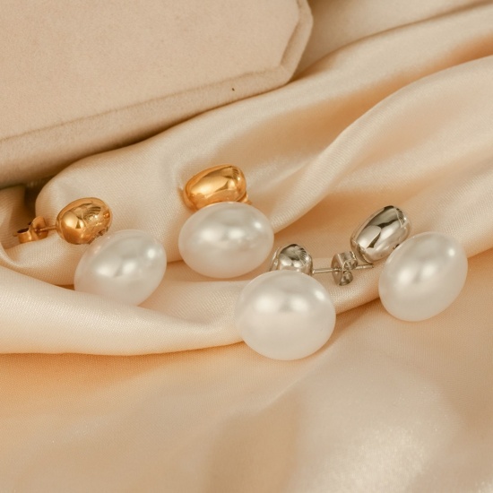 Immagine di Squisito Elegante Orecchini a Perno All'Ingrosso, Bianco Perla Imitato Acrilico Multicolore 304 Acciaio Inossidabile, Donne Ecologico Regalo Fornitura di Gioielli, 19.5mm x 16mm, 1 Paio