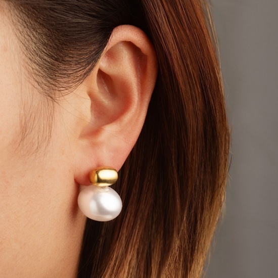 Immagine di Squisito Elegante Orecchini a Perno All'Ingrosso, Bianco Perla Imitato Acrilico Multicolore 304 Acciaio Inossidabile, Donne Ecologico Regalo Fornitura di Gioielli, 19.5mm x 16mm, 1 Paio