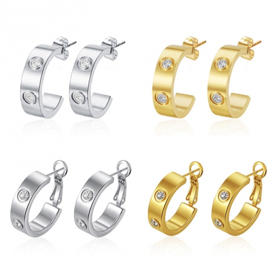 Immagine di Squisito Elegante Orecchini Ad Anello Abbraccio All'Ingrosso, Trasparente Strass Multicolore 304 Acciaio Inossidabile, Donne Ecologico Regalo Fornitura di Gioielli, 20mm x 5.7mm, 1 Paio