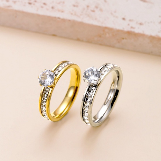 Picture of Wholesale Women's Gift Clear Rhinestone Unadjustable Rings, Multicolor 304 Stainless Steel, Eco-friendly Exquisite Stylish Jewelry Supply