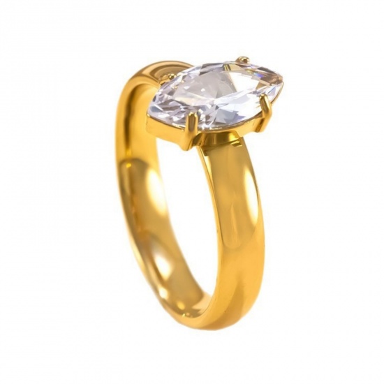 Picture of Wholesale Women's Gift Clear Rhinestone Unadjustable Rings, 18K Gold Plated 304 Stainless Steel, Vacuum Plating Exquisite Stylish Jewelry Supply