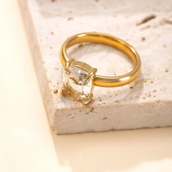 Picture of Wholesale Women's Gift Clear Rhinestone Unadjustable Rings, 18K Gold Plated 304 Stainless Steel, Vacuum Plating Exquisite Stylish Jewelry Supply
