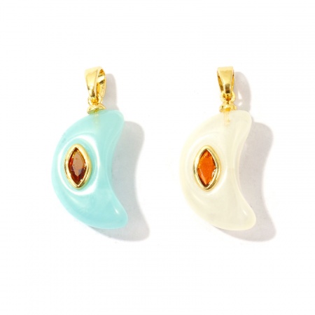 Imagen de 2 Unidades Latón & Resina Galaxia Colgantes Charms Al Por Mayor Chapado en Oro de 18K Luna Media Ámbar Circón Artificial 26mm x 11mm