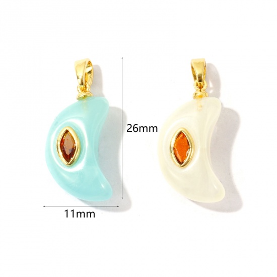 Bild von Messing und Harz Galaxis Charm-Anhänger Großhandel 18K Vergoldet Halbmond Bernsteingelb Kubischer Zirkon 26mm x 11mm
