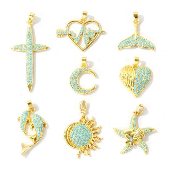 Bild von 2 Stück Messing Charm-Anhänger Großhandel 18K Echtgold plattiert Kreuz Seesterne Micro Pave Blau Kubischer Zirkon