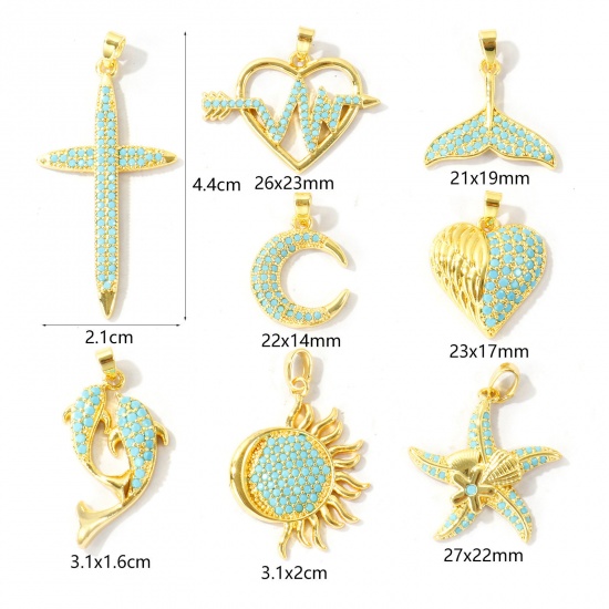 Bild von 2 Stück Messing Charm-Anhänger Großhandel 18K Echtgold plattiert Kreuz Seesterne Micro Pave Blau Kubischer Zirkon