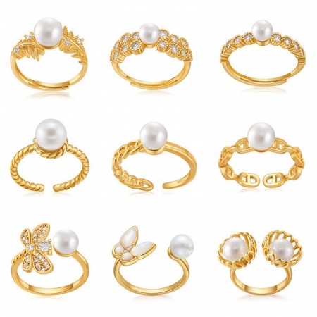 Picture of Wholesale Women's Gift Imitation Pearl Open Adjustable Rings, 18K Gold Plated Brass, Stylish Dainty Jewelry Supply, 17.3mm(US Size 7)