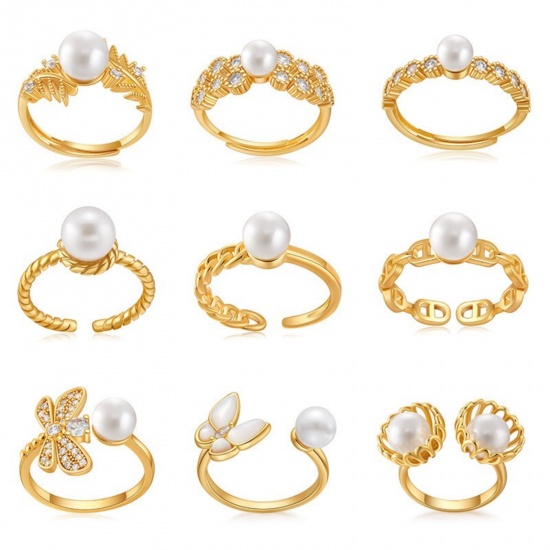 Picture of Wholesale Women's Gift Imitation Pearl Open Adjustable Rings, 18K Gold Plated Brass, Stylish Dainty Jewelry Supply, 17.3mm(US Size 7)