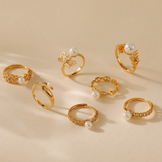 Picture of Wholesale Women's Gift Imitation Pearl Open Adjustable Rings, 18K Gold Plated Brass, Stylish Dainty Jewelry Supply, 17.3mm(US Size 7)