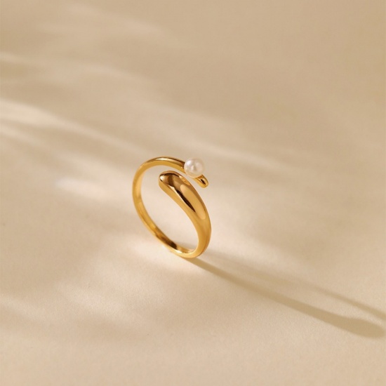 Picture of Wholesale Women's Gift Imitation Pearl Open Adjustable Rings, 18K Gold Plated Brass, Stylish Dainty Jewelry Supply, 17.3mm(US Size 7)