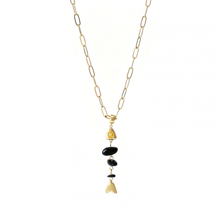 Picture of Wholesale Fish Bone Multicolor Natural Stone Pendant Charm Necklace, 18K Gold Plated Brass Paperclip Link Chain, Women's Boho Chic Bohemia Stylish Gift Jewelry For Retailer, 45cm(17.7") + 5cm(2") long