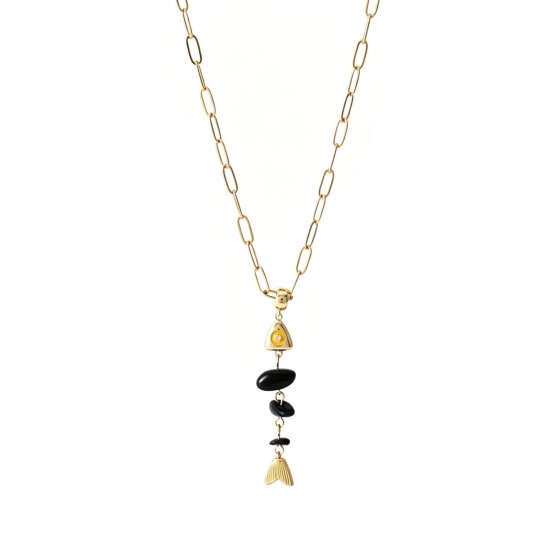 Picture of Wholesale Fish Bone Multicolor Natural Stone Pendant Charm Necklace, 18K Gold Plated Brass Paperclip Link Chain, Women's Boho Chic Bohemia Stylish Gift Jewelry For Retailer, 45cm(17.7") + 5cm(2") long