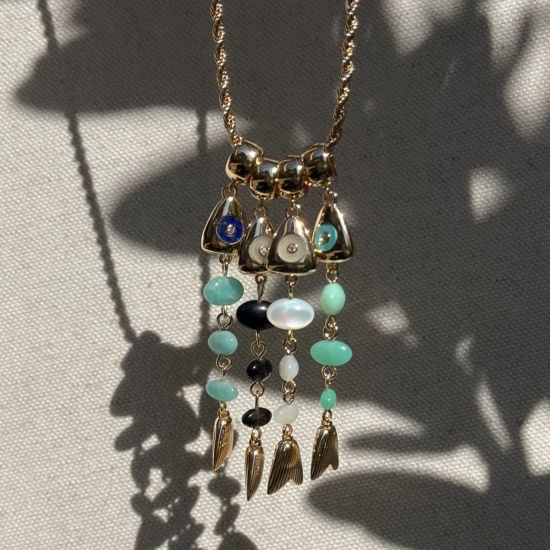 Picture of Wholesale Fish Bone Multicolor Natural Stone Pendant Charm Necklace, 18K Gold Plated Brass Paperclip Link Chain, Women's Boho Chic Bohemia Stylish Gift Jewelry For Retailer, 45cm(17.7") + 5cm(2") long
