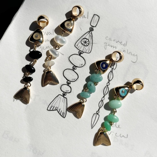 Picture of Wholesale Fish Bone Multicolor Natural Stone Pendant Charm Necklace, 18K Gold Plated Brass Paperclip Link Chain, Women's Boho Chic Bohemia Stylish Gift Jewelry For Retailer, 45cm(17.7") + 5cm(2") long