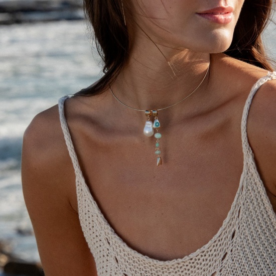 Picture of Wholesale Fish Bone Multicolor Natural Stone Pendant Charm Necklace, 18K Gold Plated Brass Paperclip Link Chain, Women's Boho Chic Bohemia Stylish Gift Jewelry For Retailer, 45cm(17.7") + 5cm(2") long