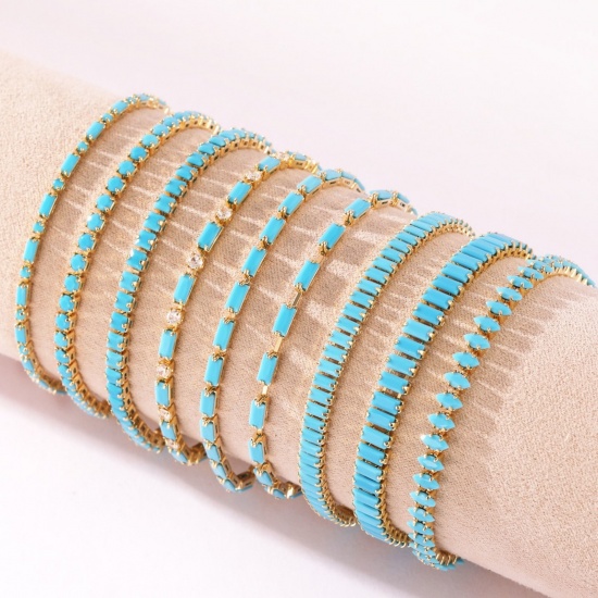 Picture of Wholesale Blue Cubic Zirconia Brass Cup Chain Tennis Bracelet, Multicolor Women's Ins Style Stylish Gift Jewelry Supply, 17cm(6.7") long