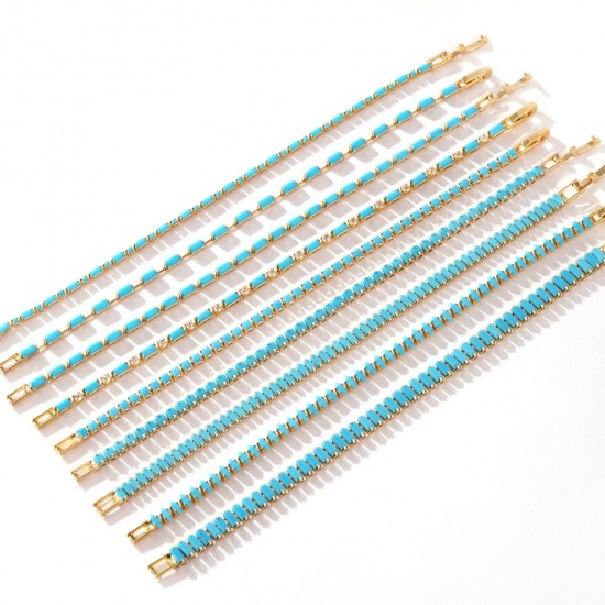 Picture of Wholesale Blue Cubic Zirconia Brass Cup Chain Tennis Bracelet, Multicolor Women's Ins Style Stylish Gift Jewelry Supply, 17cm(6.7") long