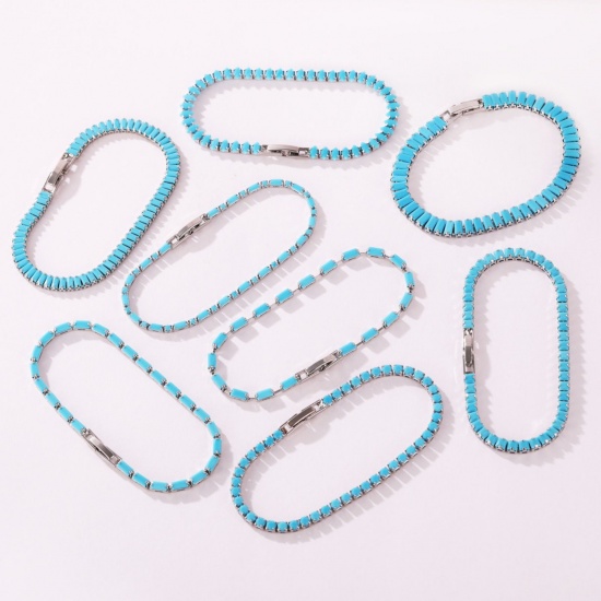 Picture of Wholesale Blue Cubic Zirconia Brass Cup Chain Tennis Bracelet, Multicolor Women's Ins Style Stylish Gift Jewelry Supply, 17cm(6.7") long