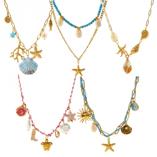 Picture of Wholesale Starfish Shell Multicolor Pendant Charm Necklace, 18K Gold Plated 304 Stainless Steel Unisex PVD Ocean Jewelry Bohemia Boho Gift Jewelry For Retailer, 50cm(19.7") long