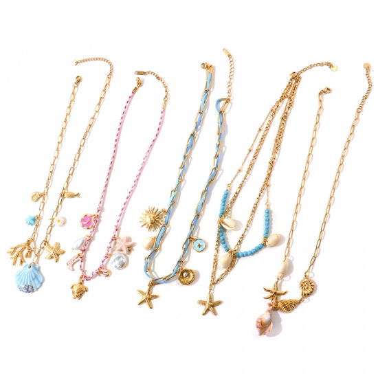 Picture of Wholesale Starfish Shell Multicolor Pendant Charm Necklace, 18K Gold Plated 304 Stainless Steel Unisex PVD Ocean Jewelry Bohemia Boho Gift Jewelry For Retailer, 50cm(19.7") long