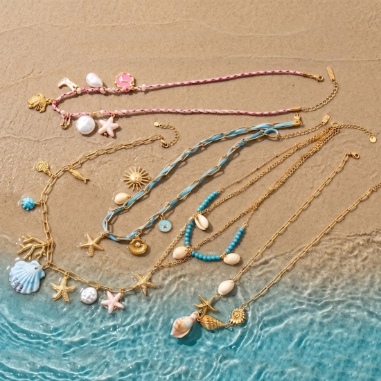 Picture of Wholesale Starfish Shell Multicolor Pendant Charm Necklace, 18K Gold Plated 304 Stainless Steel Unisex PVD Ocean Jewelry Bohemia Boho Gift Jewelry For Retailer, 50cm(19.7") long
