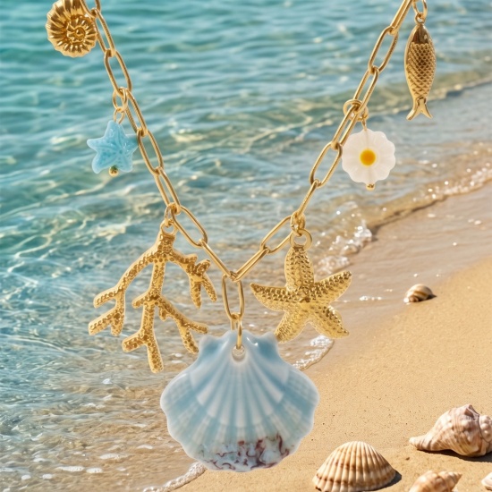 Picture of Wholesale Starfish Shell Multicolor Pendant Charm Necklace, 18K Gold Plated 304 Stainless Steel Unisex PVD Ocean Jewelry Bohemia Boho Gift Jewelry For Retailer, 50cm(19.7") long