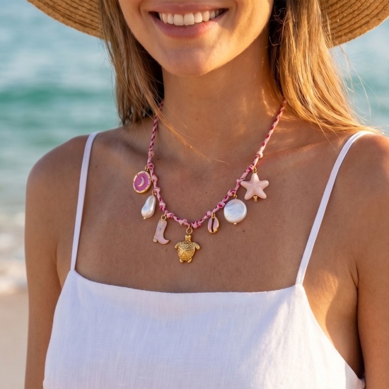 Picture of Wholesale Starfish Shell Multicolor Pendant Charm Necklace, 18K Gold Plated 304 Stainless Steel Unisex PVD Ocean Jewelry Bohemia Boho Gift Jewelry For Retailer, 50cm(19.7") long