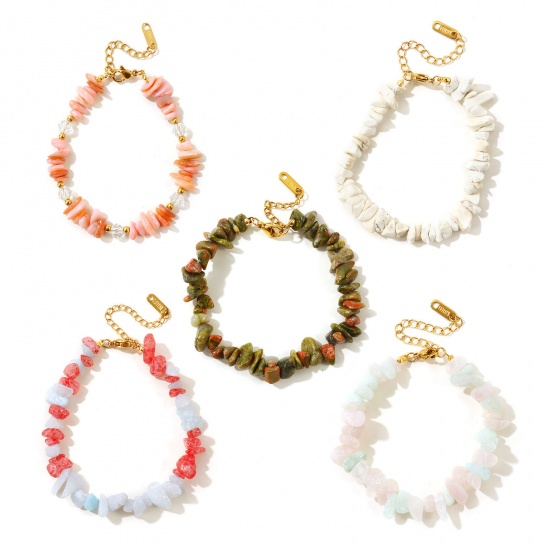 Picture of Wholesale Chip Beads Multicolor Synthetic Stone 304 Stainless Steel Bracelets, 18K Gold Plated Eco-friendly PVD, Women's Pastoral Style Bohemia Boho Gift Jewelry Supply