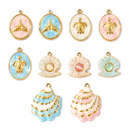 Picture of Eco-friendly PVD 304 Stainless Steel Ocean Jewelry Charms Wholesale 18K Real Gold Plated Multicolor Shell Enamel