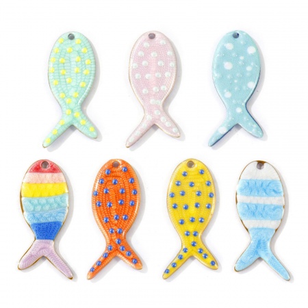 Picture of 5 PCs Eco-friendly PVD 304 Stainless Steel Ocean Jewelry Charms Wholesale 18K Real Gold Plated Multicolor Fish Animal Enamel 3.1cm x 1.4cm
