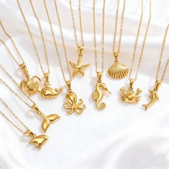 Picture of Wholesale Pendant Charm Necklace, 18K Gold Plated 304 Stainless Steel Women's Eco-friendly PVD Ocean Jewelry Stylish Gift Jewelry For Retailer, 40cm(15.7") + 5cm(2") long