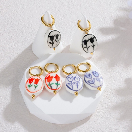 卸売り 素敵 ファッション おしゃれ フープピアス、 楕円形 チューリップ 18Kゴールドメッキ 304ステンレス鋼＋セラミック、 レディース エコフレンドリー PVD プレゼント宝飾の供給 4cm x 1.7cm、 1 ペア の画像