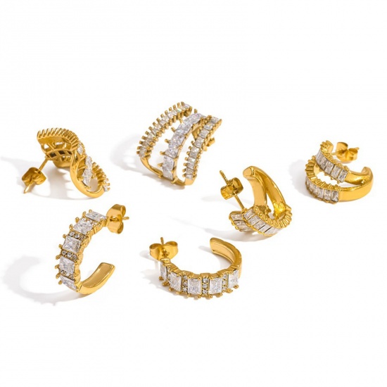 Immagine di Squisito Elegante Orecchini a Perno All'Ingrosso, Forma di C Trasparente Strass Placcato Oro 18K 304 Acciaio Inossidabile, Donne PVD Ecologica Regalo Fornitura di Gioielli, 1 Paio