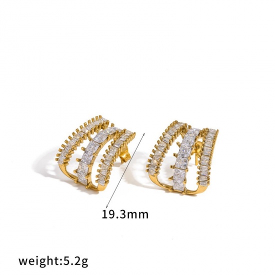 Immagine di Squisito Elegante Orecchini a Perno All'Ingrosso, Forma di C Trasparente Strass Placcato Oro 18K 304 Acciaio Inossidabile, Donne PVD Ecologica Regalo Fornitura di Gioielli, 1 Paio