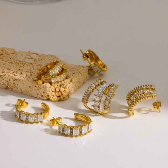 Immagine di Squisito Elegante Orecchini a Perno All'Ingrosso, Forma di C Trasparente Strass Placcato Oro 18K 304 Acciaio Inossidabile, Donne PVD Ecologica Regalo Fornitura di Gioielli, 1 Paio
