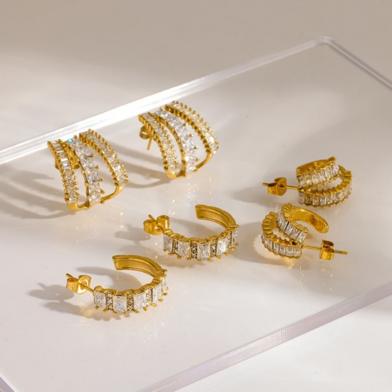 Immagine di Squisito Elegante Orecchini a Perno All'Ingrosso, Forma di C Trasparente Strass Placcato Oro 18K 304 Acciaio Inossidabile, Donne PVD Ecologica Regalo Fornitura di Gioielli, 1 Paio