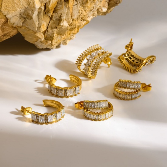 Immagine di Squisito Elegante Orecchini a Perno All'Ingrosso, Forma di C Trasparente Strass Placcato Oro 18K 304 Acciaio Inossidabile, Donne PVD Ecologica Regalo Fornitura di Gioielli, 1 Paio