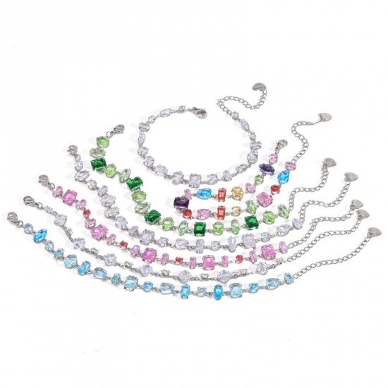 Picture of Wholesale 304 Stainless Steel & Rhinestone Bracelets, Silver Tone Eco-friendly PVD, Women's Exquisite Stylish Gift Jewelry Supply, 18cm(7.1") + 5cm(2") long
