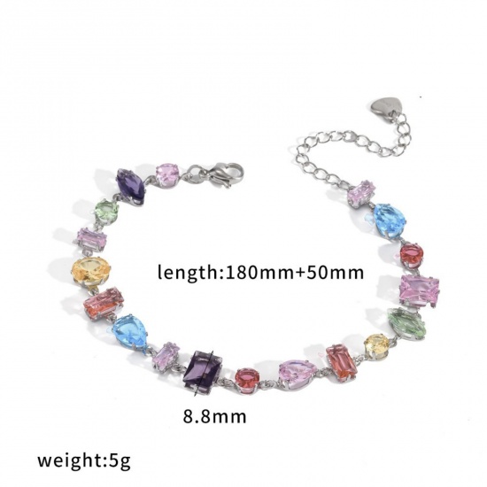Picture of Wholesale 304 Stainless Steel & Rhinestone Bracelets, Silver Tone Eco-friendly PVD, Women's Exquisite Stylish Gift Jewelry Supply, 18cm(7.1") + 5cm(2") long