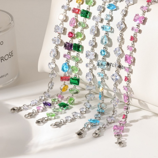 Picture of Wholesale 304 Stainless Steel & Rhinestone Bracelets, Silver Tone Eco-friendly PVD, Women's Exquisite Stylish Gift Jewelry Supply, 18cm(7.1") + 5cm(2") long