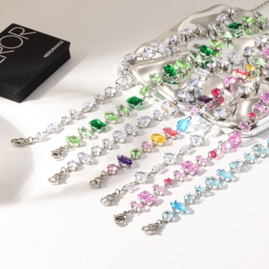 Picture of Wholesale 304 Stainless Steel & Rhinestone Bracelets, Silver Tone Eco-friendly PVD, Women's Exquisite Stylish Gift Jewelry Supply, 18cm(7.1") + 5cm(2") long