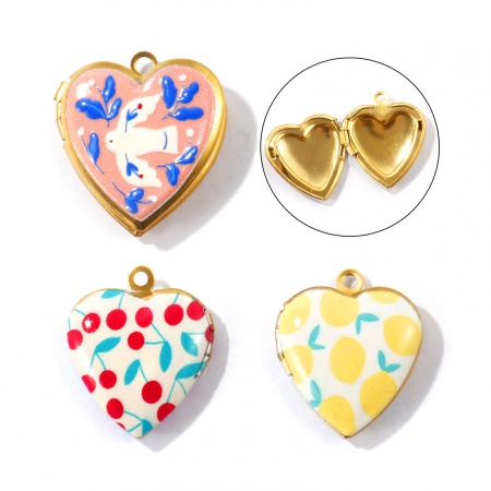 Picture of Eco-friendly PVD Waterproof Anti-Tarnish Hypoallergenic 304 Stainless Steel Valentine's Day Picture Photo Locket Frame Pendants Wholesale 18K Real Gold Plated Heart Printed