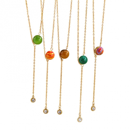 Picture of Wholesale Ball Multicolor Natural Stone Tassel Necklace, 18K Gold Plated 304 Stainless Steel Link Cable Chain, Women's Eco-friendly PVD Ins Style Stylish Gift Jewelry For Retailer, 40cm(15.7") + 5cm(2") long, 1 Piece