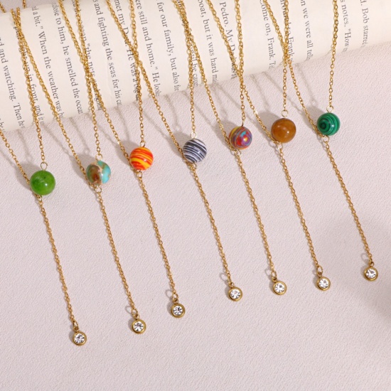 Picture of Wholesale Ball Multicolor Natural Stone Tassel Necklace, 18K Gold Plated 304 Stainless Steel Link Cable Chain, Women's Eco-friendly PVD Ins Style Stylish Gift Jewelry For Retailer, 40cm(15.7") + 5cm(2") long, 1 Piece