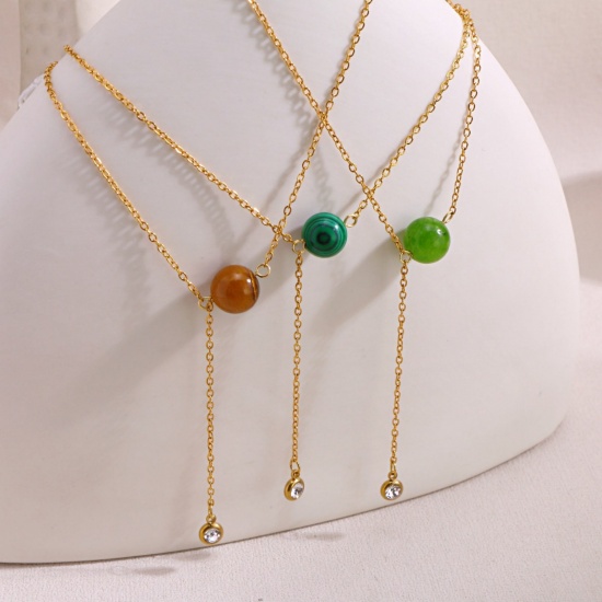 Picture of Wholesale Ball Multicolor Natural Stone Tassel Necklace, 18K Gold Plated 304 Stainless Steel Link Cable Chain, Women's Eco-friendly PVD Ins Style Stylish Gift Jewelry For Retailer, 40cm(15.7") + 5cm(2") long, 1 Piece