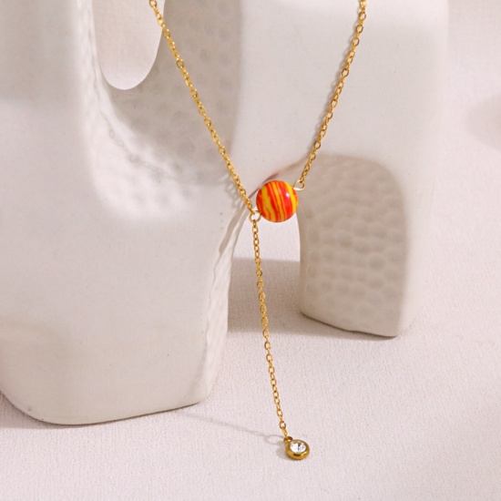Picture of Wholesale Ball Multicolor Natural Stone Tassel Necklace, 18K Gold Plated 304 Stainless Steel Link Cable Chain, Women's Eco-friendly PVD Ins Style Stylish Gift Jewelry For Retailer, 40cm(15.7") + 5cm(2") long, 1 Piece