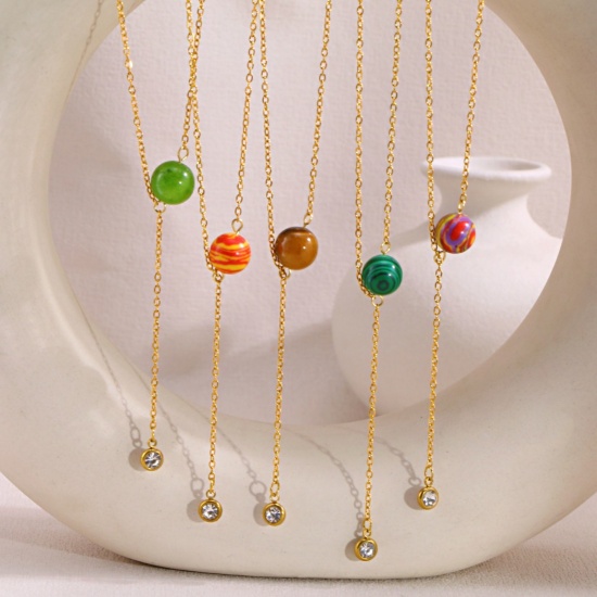 Picture of Wholesale Ball Multicolor Natural Stone Tassel Necklace, 18K Gold Plated 304 Stainless Steel Link Cable Chain, Women's Eco-friendly PVD Ins Style Stylish Gift Jewelry For Retailer, 40cm(15.7") + 5cm(2") long, 1 Piece